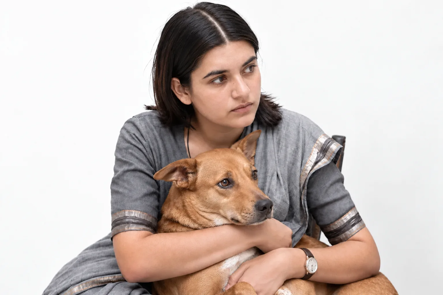 A caregiver holding a rescued dog